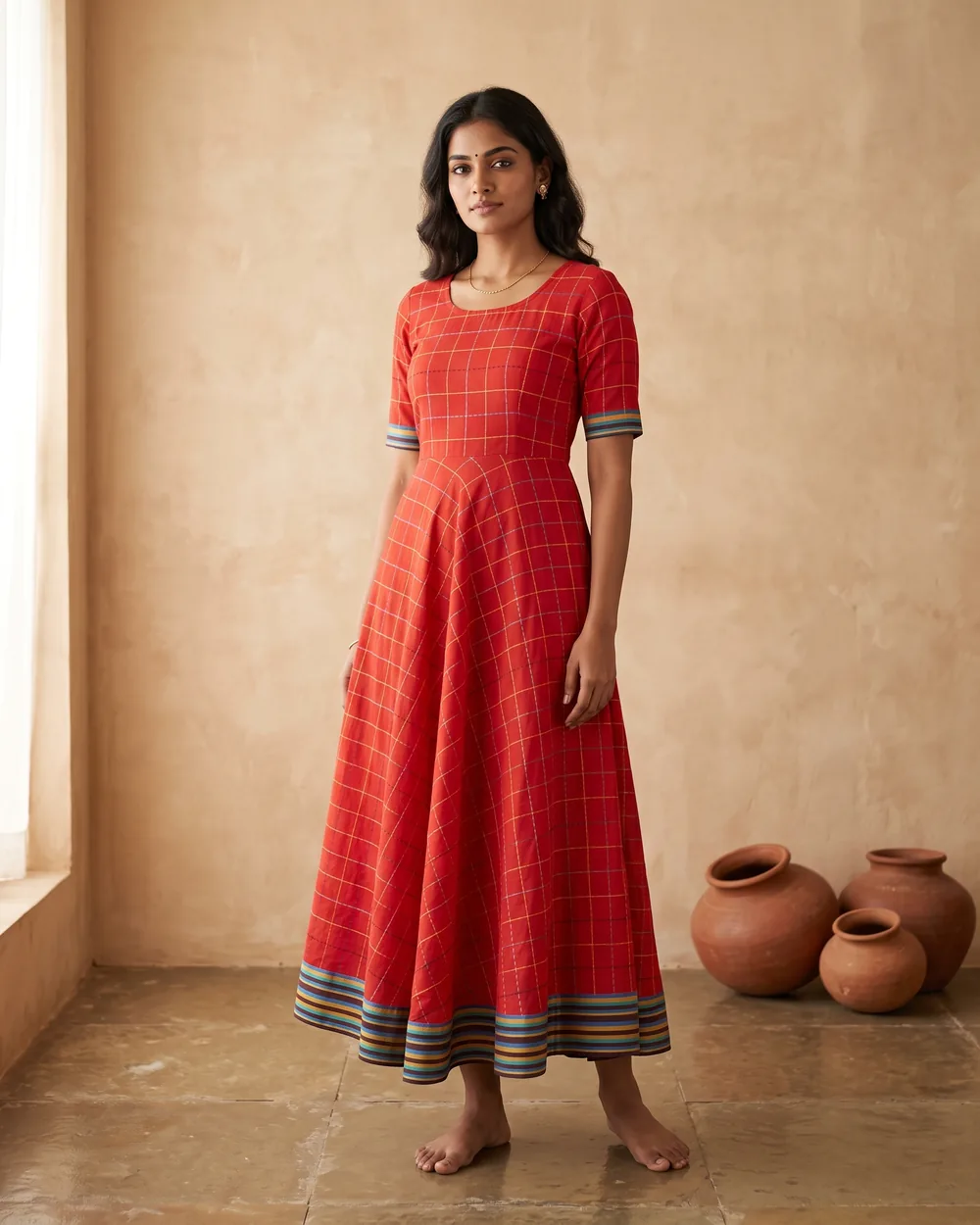 Model in a dress tailored from a red checked cotton saree
