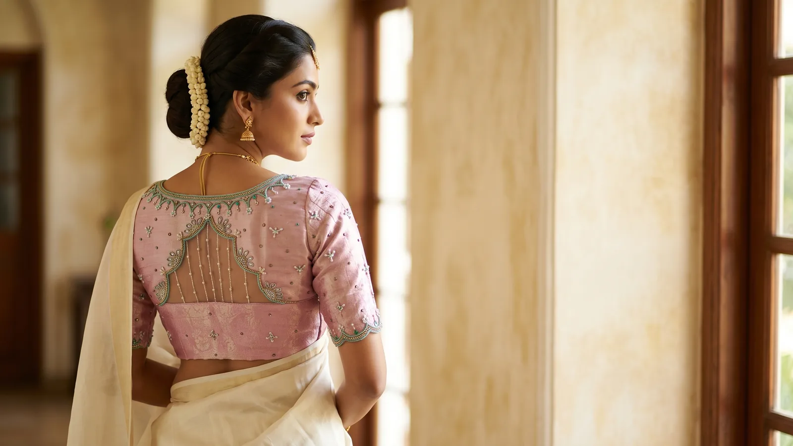 Model in a pastel pink embroidered blouse with a sheer net back and ivory saree