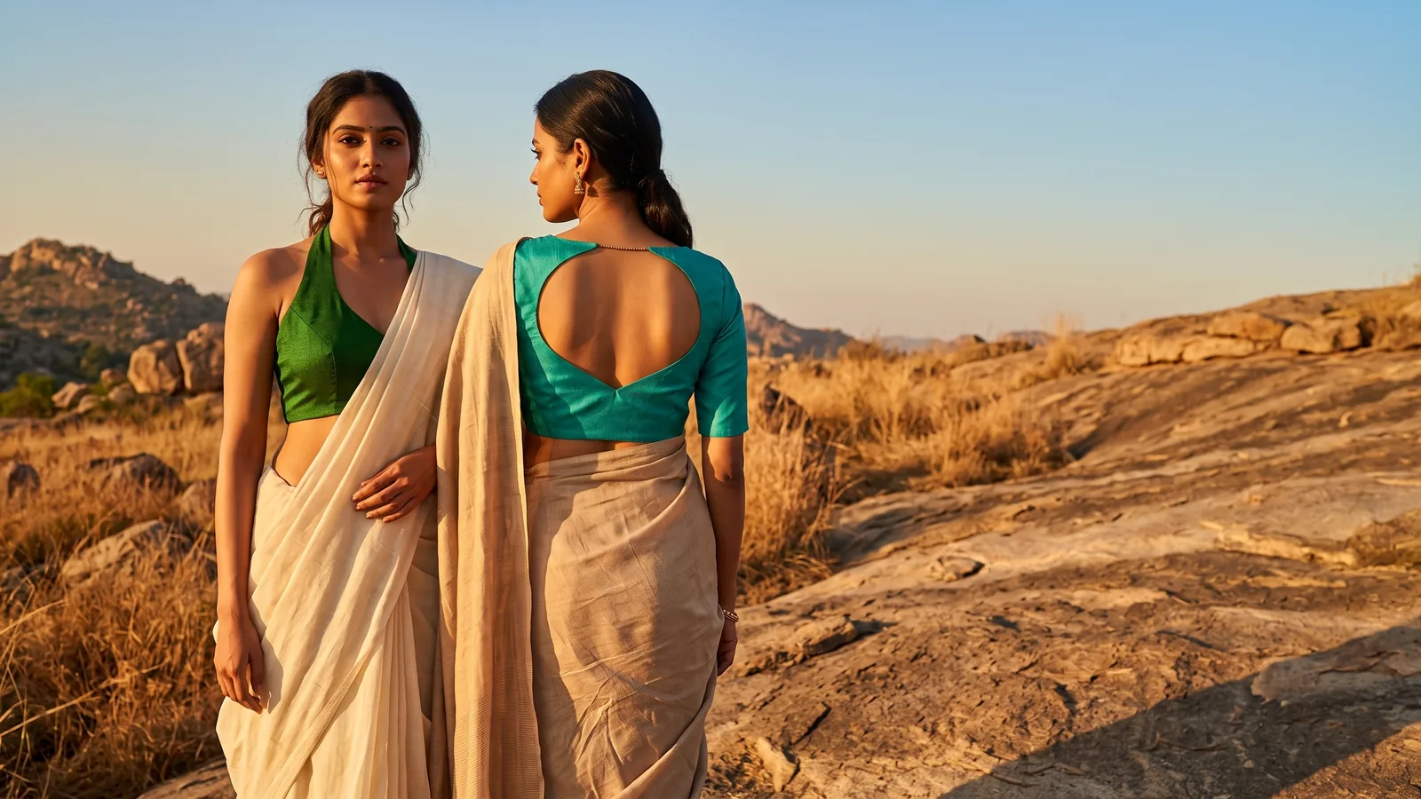 Two models in a green halter blouse and a teal open-back blouse with cotton sarees