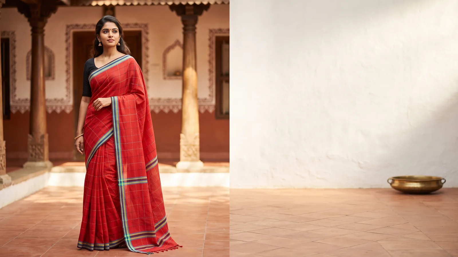 Model in a red mul cotton saree with kantha running-stitch checks