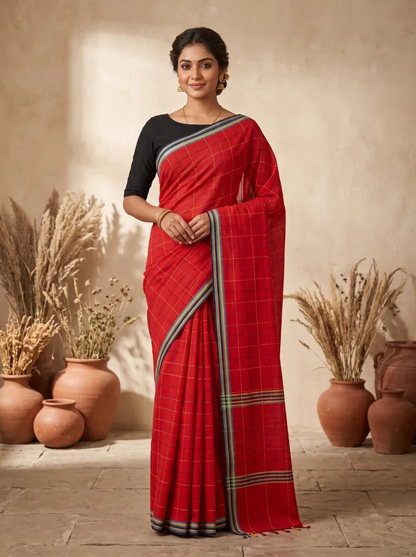 Red Kantha Stitch Mul Cotton Saree